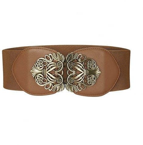 BlackButterfly Midjeskärp Dam Konstläder Vintage | 7,5 cm brett, antikt spänne, blomsterrankor, sömlöst lås, elastiskt runt om, storlekar S-XXL, midjeformare