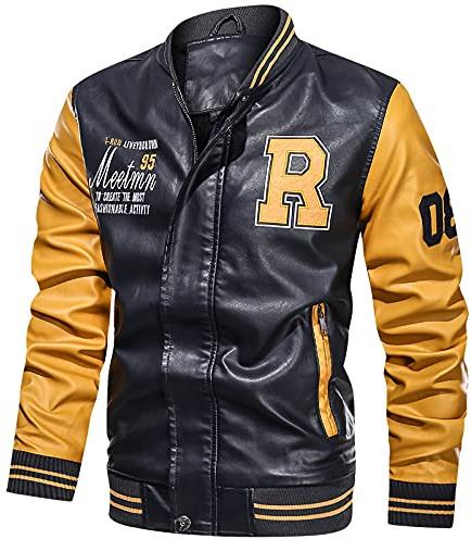 Hommes Veste Casuel Cuir PU Teddy Baseball Blouson avec Doublure Jackets Jaune XL