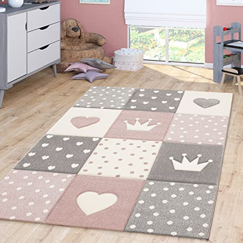 TT Home Kinderzimmer Teppich Junge Mädchen Kinderteppich Punkte Herz 3D Optik Pastell, Farbe: Pink, Größe:120x170 cm