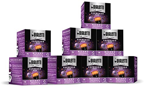 Bialetti Caffè d'Italia, Multipack 128 Capsule, 8 Box da 16 Capsule, Milano, Intensità 7, Compatibili con Macchine Bialetti sistema chiuso, 100% Alluminio