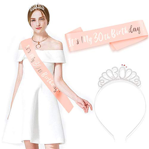 HOWAF Or Rose 30 Ans Joyeux Anniversaire Echarpe Deguisement et 30 Bandeaux Couronne Strass pour 30 Ans Anniversaire Décorations Femme Cadeau
