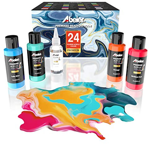 Pittura acrilica da versare, flaconi da 2 once, set di 24 colori assortiti e olio di silicone (1 oncia), pre-miscelata, ad alta fluidità, vernice per versare su tela, vetro, carta, legno