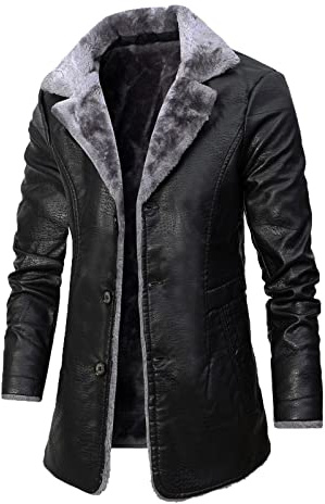 Blouson Automne Hiver Homme Revers en Molleton Hommes de rétro en Cuir Manteau Hommes de Noir Long Faux Cuir Veste d'hiver PU Manteau Trench Couleur Unie à Manches Longues avec col de Fourrure