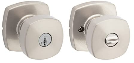 Kwikset Arroyo - Pomo para puerta de entrada con cerradura y llave, manija segura con llave exterior, entrada frontal y dormitorio, níquel satinado, resistente a las púas, seguridad SmartKey Rekey y