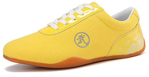 Martial Arts Chaussures, Kung Fu Tai Chi Entraîneurs pour Hommes Femmes Chaussures de Marche légères Mode Taekwondo Gym Sneakers,Jaune,45