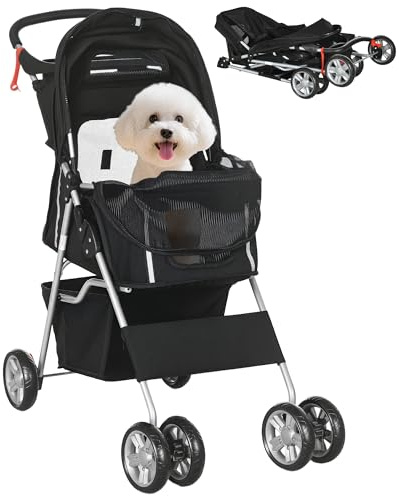PawHut Pet Stroller Carrier Foldable Deluxe Jogger Walk Travel Dog Cat Black