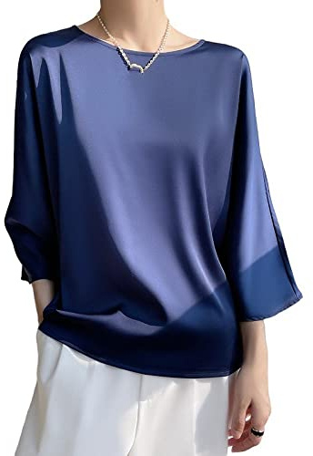 Chemisiers Et Blouses Femme, Chemisier en Satin De Soie pour Femme Été Élégant Pull Col Rond Uni Chemises Tops Mode Lâche Manches 3/4 Tunique Tops Casual Soirée Formelle Travail Blouses T-Shir