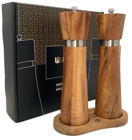hasiera Gewürzmühlen Set | Salz und Pfeffermühle + Untersetzer | Akazien Gewürzmühlen mit Keramikmahlwerk 21cm | Edelstahl Geschenkidee