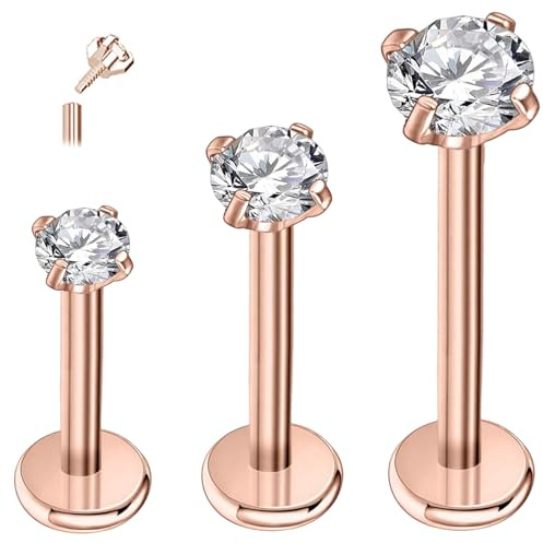 ESHIONER G23 Titanium Tragus Piercing Jewelry Helix Labret Nose Stud Lip Bar Piercing Cartilage Earring Hypoallergenic Silver Gold CZ Ball Internally Threaded Flat Back 16g 6mm 8mm 10mm 3 PCS
