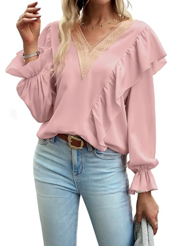 Camicia Donna Maglietta Chiffon Elegante Scollo a V con Bordi in Pizzo Top a Maniche Lunghe da Lavoro/Casual T-Shirt Chic Blusa Moda Magliette Tinta Unita Maglia (S-XXL)