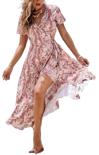 CUPSHE Damen Sommerkleid V Ausschnitt Kurzarm Wickelschlitz High Low Strandkleid Lange Freizeitkleider Beach Maxi Dress Dusty Rose L