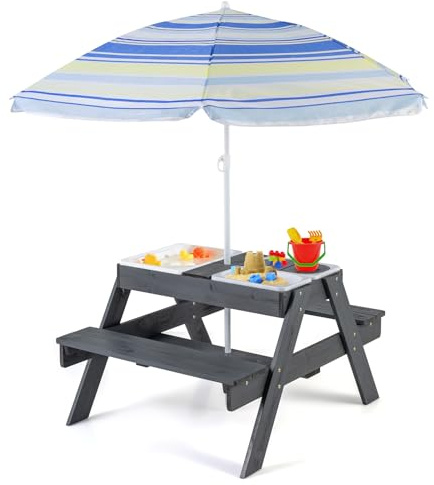 GYMAX Kids Picnic Table and Bench Set, 4 in 1 Toddler Sand and Water Table with Detachable Umbrella & Tabletop and 3 Removable Bins, Wooden Children Activity Table for 3+ Years Old Boys Girls