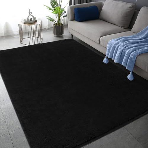 Rururug Mikrofaser Teppich 120x170 cm, Waschbar Kurzflor für Wohnzimmer und Schlafzimmer, Weich Flauschig, Modernes Einfarbig Design, Schwarz