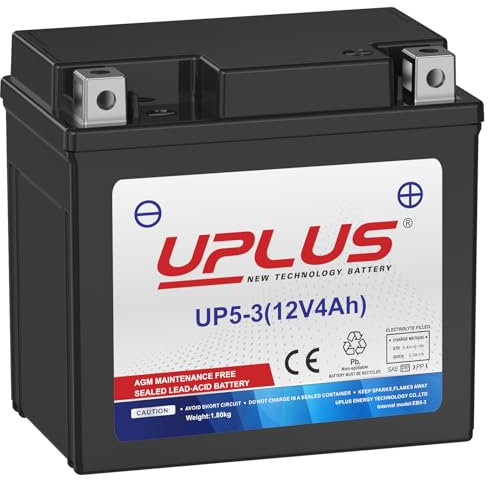 UPLUS Motorcycle Battery UP5-3 12V 4Ah 70A CCA, replace for -TX5L-BS, Agm Maintenance Free SLA Scooter ATV | Confirm size before order 113L x 70W x 105H(mm)