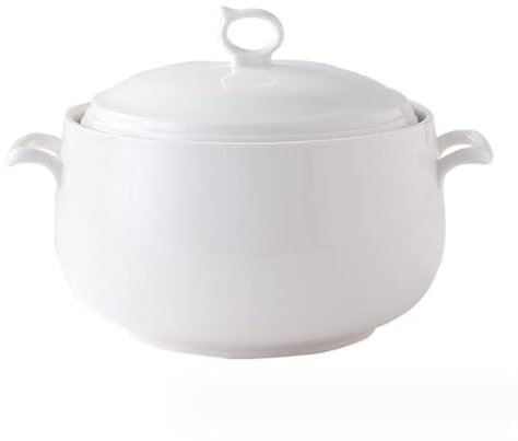 Soppterrin ， Vit soppterrin med lock och sked, elegant porslinsskål med dubbla handtag for restauranghem