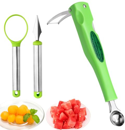 BOXOB Set di Taglia Anguria con Scavino per Melone, Separatore di Polpa per Frutta in Acciaio Inox Coltello da Intaglio Anguria Melone Kiwi Utensili Insalata