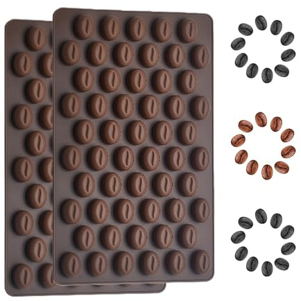 2 moldes de silicona marrón con 55 cavidades, mini granos de café, chocolate, decoración de pasteles, moldes hechos a mano para hornear moldes para caramelos y cubitos de hielo