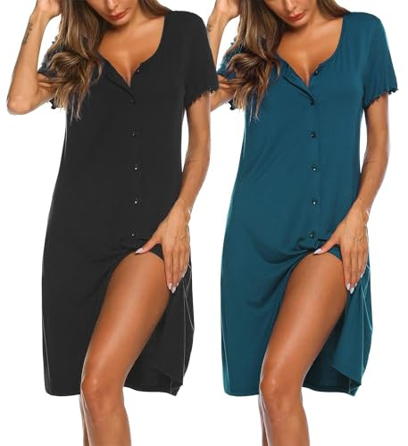 Ekouaer Women's Nightwear Nightdresses Nighties Button Front Nightshirts Summer Short Sleeve 2 Pack, Black + Teal L