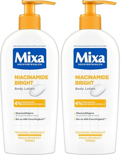 Mixa feuchtigkeitsspendende Bodylotion, Geeignet für Gesicht, Körper & Hände, Für trockene & müde Haut geeignet, Niacinamide Bright, Hypoallergen, 250 ml (Packung mit 2)