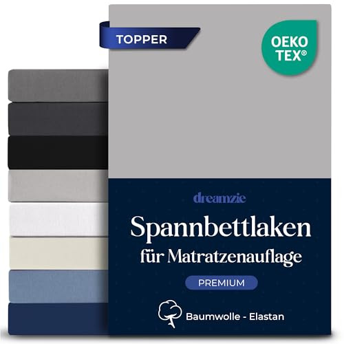Dreamzie Topper Spannbettlaken 180x200cm - Baumwolle Elastan Premium Komfort 250gsm - 18 cm, Topper oder Flache Matratzen - Oeko-Tex - Grau