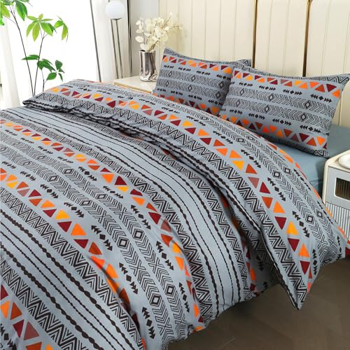 DECODEKO Juego Funda Nórdica 4 Piezas para Cama 150 - Funda Nordica 240x220cm, Bajera 150x200cm, 2 Fundas Almohada 50x75cm, Estampado Geométrico Gris, Microfibra Suave Transpirable