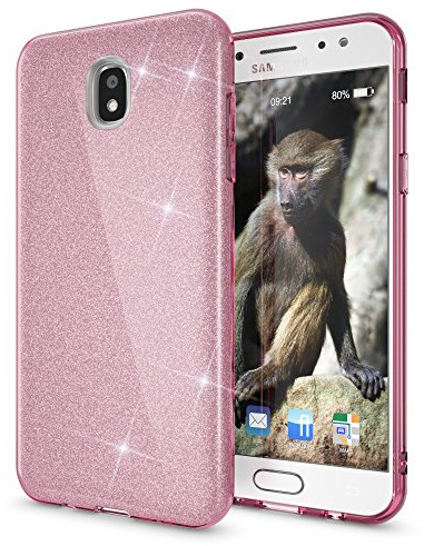 NALIA Glitzerhülle für Samsung Galaxy J7 (2017) - Funkelnder Glitzer-Look & Grip - SHINEPOP (Silikon Case) - Marke aus Berlin, Farbe:Pink