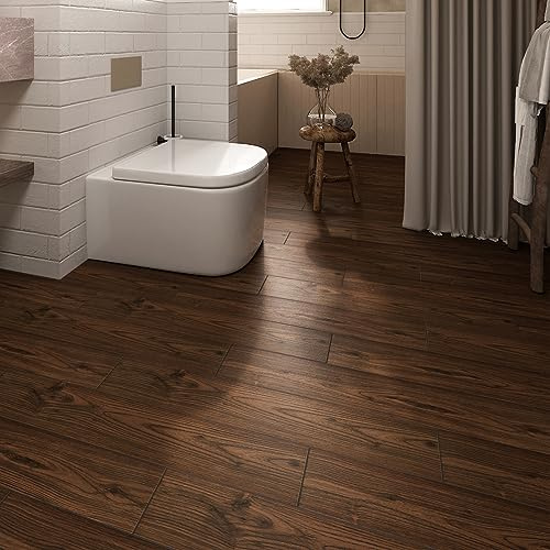 Wallercity röd/brun skala av och klistra på golvplattor 81 cm x 15 cm vattentät vinylgolv trä självhäftande badrumsgolv kakel klistra på kakel kök laminat golv avtagbara träklibbiga plattor 4 st