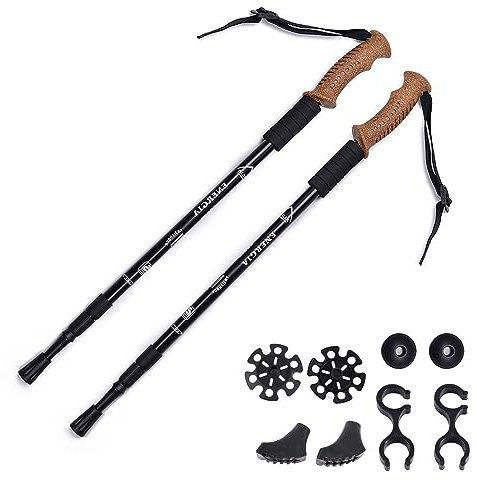 ThreeH 2 Pack Bâtons Trekking Bâtons Marche Ajustables avec Poignées en Liège Anti-Chocs Cannes Marche Télescopiques Bâtons Randonnée légers Noir