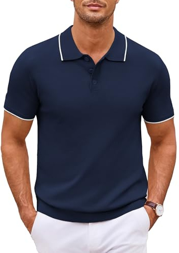 COOFANDY Suéter Polo de Punto Masculino de Manga Corta Punto Polo de Verano básico Golf Polo Elasticidad Azul Marino (Rayas Blancas) XL
