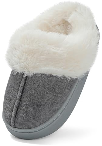 LACOFIA Chaussons Hiver Filles Garçons Pantoufle Peluche pour Enfant Chaussures Chaud de Maison Chausson Antidérapantes Super Doux Gris 34/35 EU