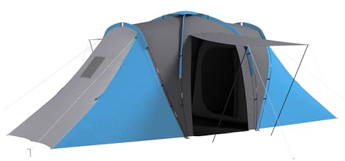 Outsunny Tente Tunnel Tente de Camping familiale 4-6 pers. légère ventilée Facile à Monter - 2 Grandes Portes 5,55 x 2,25 x 1,9 m Fibre Verre Polyester, Gris foncé et Bleu
