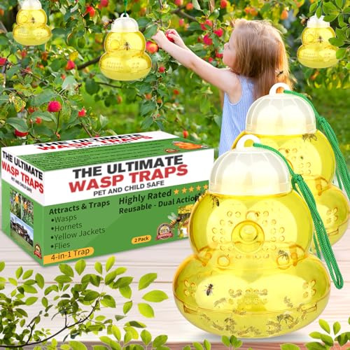 Wasp Trap Outdoor Hanging, Non-Toxic Reusable Hornet & Yellow Jacket Catcher, Effective Bee & Wasp Killer Insect Trap for Outdoor Use, 2 Pack (Yellow)