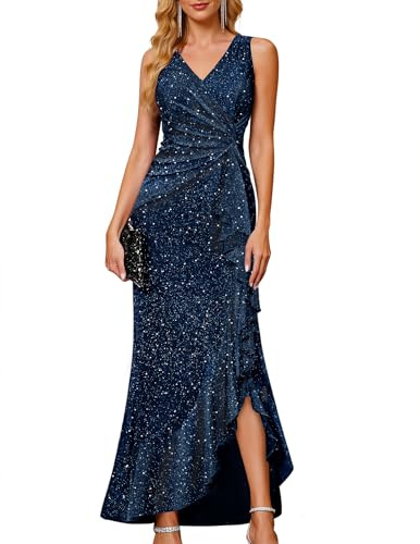 Berylove Sequin V-Neck Ruffle Evening Gown 0099 Navy M