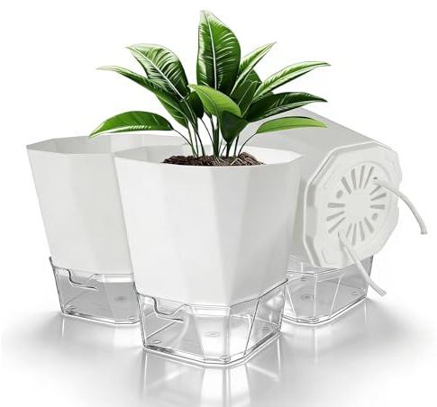 Romon Vaso Autoirrigante, Set Da 3 Vasi per Piante Da Interno in Plastica Con Finestra Del Livello Dell'acqua, Design a Doppio Strato Con Corda Di Cotone Stoppino, Per Erbe Aromatiche, Bianco ø 15.2cm