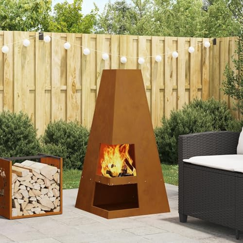 BARULUOAKLIFE Caminetto da Esterno in Acciaio Marrone a Forma di Cono, Design Rustico Invecchiato Impermeabile, Focolare da Giardino Resistente alle Intemperie, Capacità per Legni di Medie