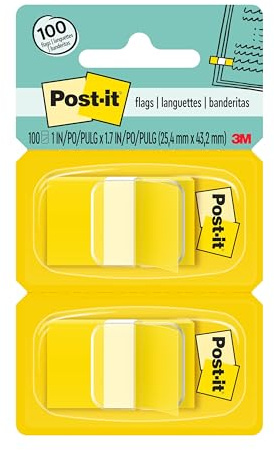 Post-it Flags, 50/Dispenser, 2 Dispensers/Pack, 1 in Wide, Yellow (680-YW2)