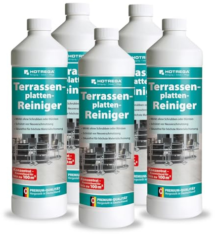HOTREGA Terrassenplatten Reiniger 5x 1 Liter | Selbsttätiger, Säurefreier Steinreiniger für Naturstein & Betonwerkstein | Terrassenreiniger für Draußen