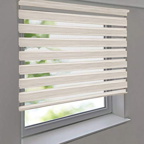 Doppelrollo Premium 60 x 210 cm Leinen-Struktur Creme - Duorollo Vario Seitenzug zum Anschrauben freihängend für Wandmontage und Deckenmontage - inkl. Metallträger