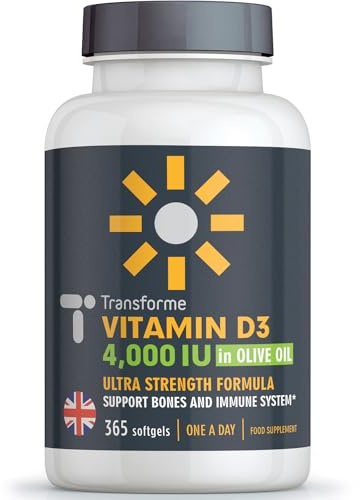 Transforme Vitamin D3 4000 IU in Olive Oil, 365 Capsules 1 Year Supply, Maximum Strength High Absorption Softgels, Easy to Swallow Quadruple Strength Vitamin D Cholecalciferol - Not Tablets