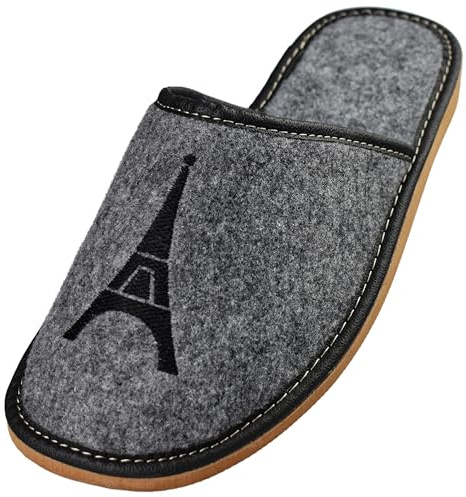 APREGGIO - Chausson Homme en Feutre - Pantoufles Bout Fermé - Des pantoufles parfaites pour la maison - Charentaises et Babouches pour Homme - Tour Eiffel noir - Gris - Pointure