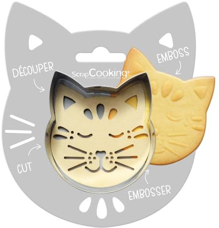 ScrapCooking - Kit Découpoir + Embosseur Bois Chat - Emporte-Pièce en Inox pour Biscuits en Relief - Moule Accessoires Pâtisseries Sablés - 2093