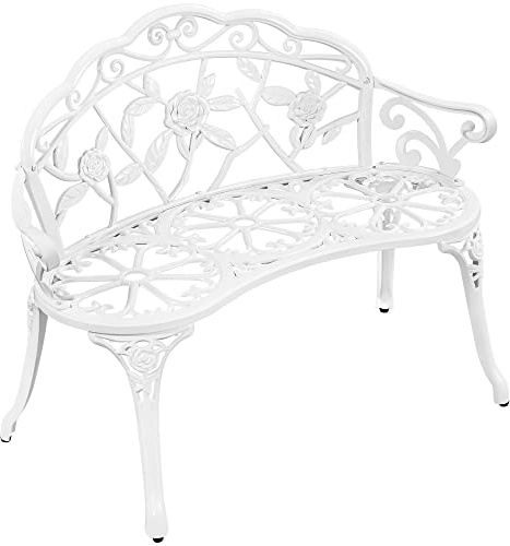Yaheetech Metal Garden Bench Furniture Loveseat with Rose Design, White