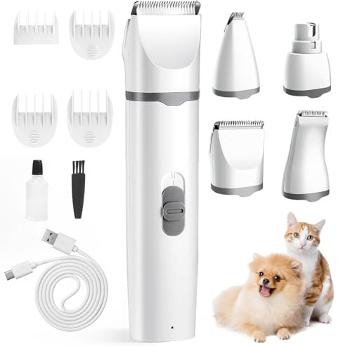 Airminti 4in1 Leise Schermaschine Katze, Pfotentrimmer für Hunde, Usb Aufladbar Hunderasierer mit 4 Abnehmbare Multifunktions-Schneidköpfen, Hunde Schermaschinen für Augen/Ohren/Pfoten/Nagel (Grau)