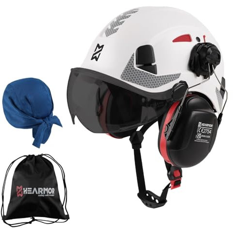 HEARMOR Casque de Protection avec visière et Protection auditive, Casque de Travail ventilé certifié en 397, Suspension à 6 Points, idéal pour l'industrie et la Construction, Blanc