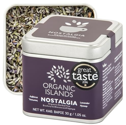 Organic Islands Feuilles de tisane – Nostalgia, thé sans sucre et sans caféine – Mélange naturel de fleurs de lavande, de feuilles de thé et de fleurs d’hysope de Naxos, Grèce – 30 g