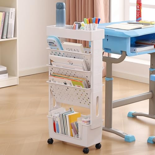 YOTATING Mobile Bookshelf with Wheel, Large Capacity Book Rack Magazine Cart Kids Movable Storage Bookcase with 5 Layers for Home, Classroom, School, Office, Dorm, White