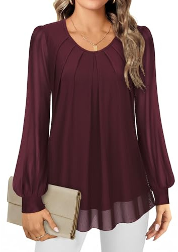 Gemulate Red Tops for Women UK Chiffon Top for Women UK Plus Size Long Sleeve Party Top Crew Neck Ladies Long Tops to Wear with Leggings - Wine Red, XXXL
