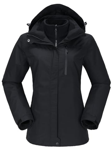 OutPro Veste de ski 3 en 1 pour femme - Imperméable - Coupe-vent - Veste d'hiver - Randonnée - Avec doublure en polaire - Double couche - Amovible - Veste fonctionnelle à capuche, Noir 2, XL
