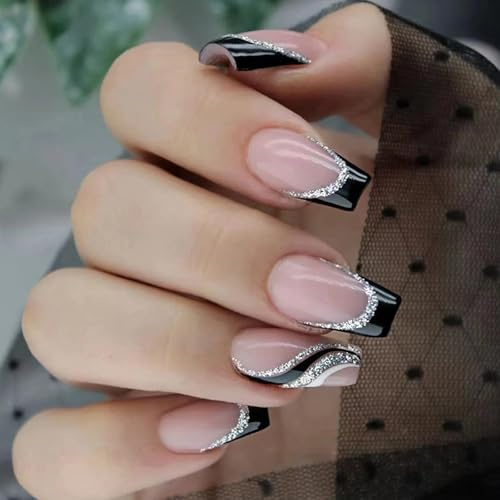 Pacchetto di 24 unghie da cucire con tratto francese, Nail Art per Donna con Strisce Nere Design, Unghie di Halloween,Nail Art Artificiale per Donna e Ragazze