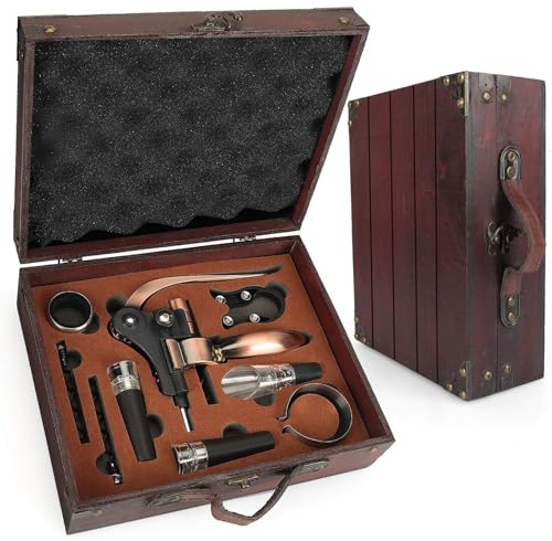 cailion Set di cavatappi da Vino con Scatola in Legno Antico, Set da Sommelier con cavatappi, Set di Accessori da Vino, Set di cavatappi con Testa di Coniglio, Anelli salvagoccia (Antike kiste2)